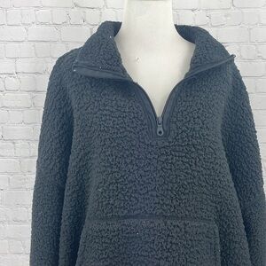 Half 1/4 Zip Sherpa Crewneck Black Pullover Women's Solid Fuzzy Jacket